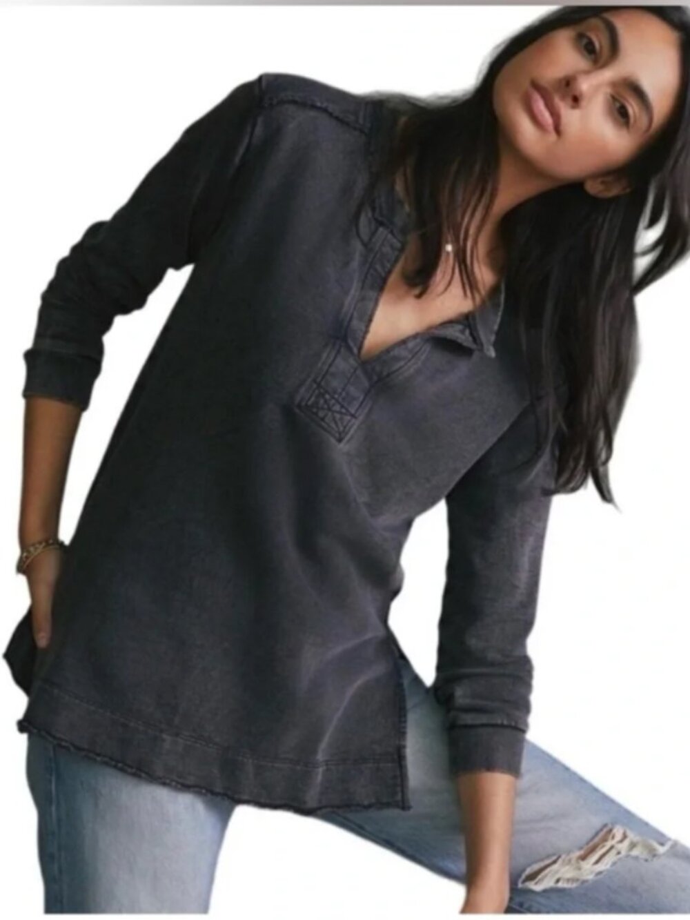 Anthropologie Pilcro Split Back V-Neck Distressed Sweatshirt Terry Grey Small